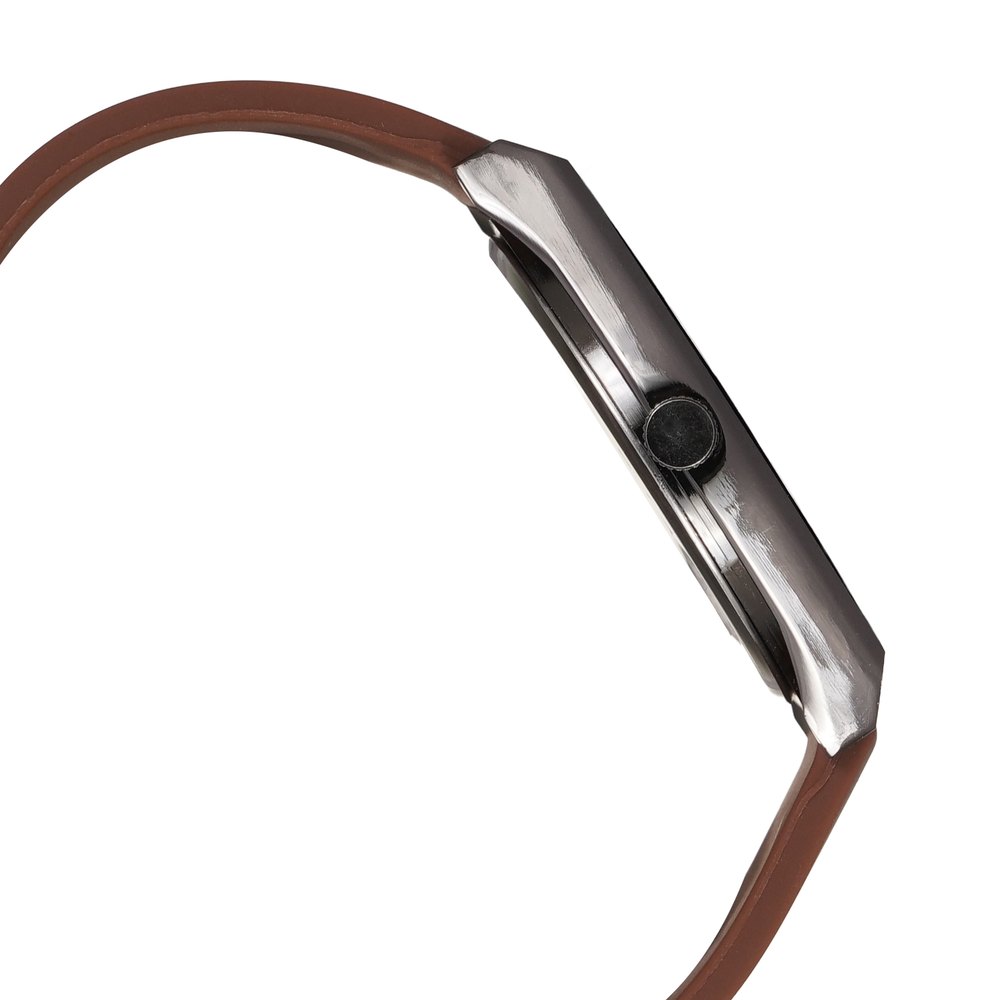 Side profile of brown strap wristwatch product photo