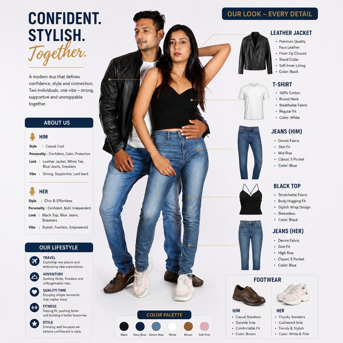 Couple fashion styling creative with outfit details