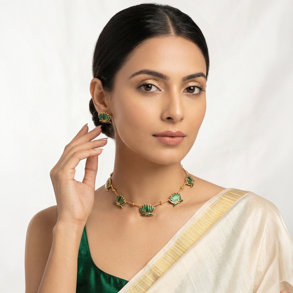 Jewellery lifestyle portrait with lotus necklace and earrings